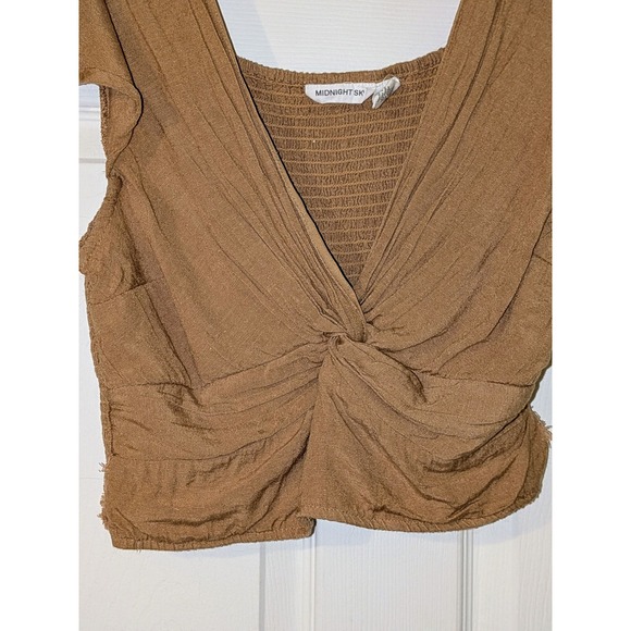 Midnight Sky Brown Twisted Front Smocked Square Neck Cap Sleeve Crop Top L - Picture 4 of 8